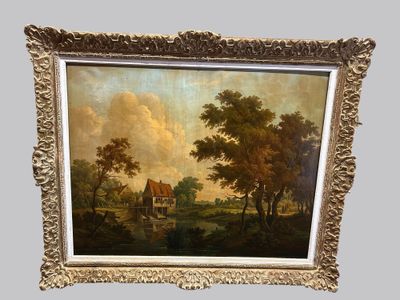 an oil painting of a farm scene with a house in the distance
