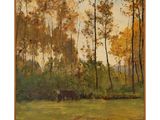l'image d'une peinture d'un champ avec des arbres en arrière-plan