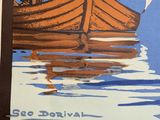 a poster of a boat on the water with mountains in the background