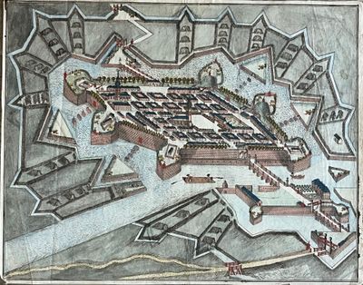 une vieille carte d'une ville située au milieu d'un fleuve