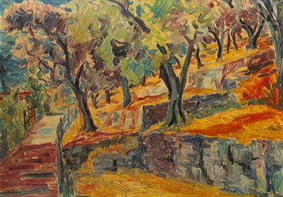 painting of a painting of a path with trees on the side of it