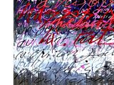 abstract painting of red and black text on a white background