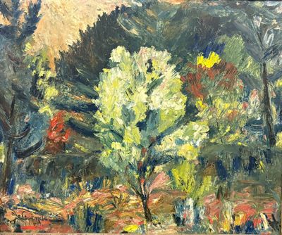 une peinture à l'huile représentant un arbre dans un parc, avec des passants