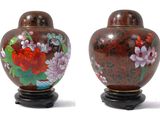 pair of asian vases with flowers and leaves painted on them