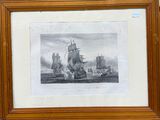 an old picture of a ship in the water with other ships in the background