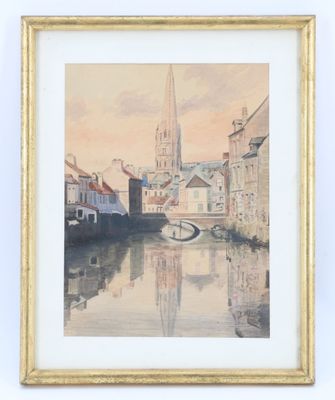 aquarelle encadrée représentant un paysage fluvial avec une église en arrière-plan