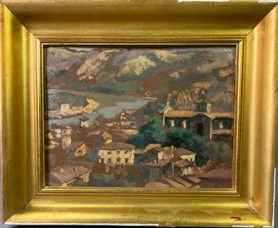 une image représentant une peinture d'une ville avec une rivière en arrière-plan