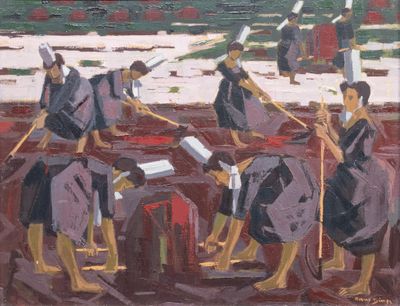 a painting of a group of people riding on horses