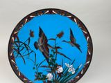 a plate with a picture of birds and flowers on it
