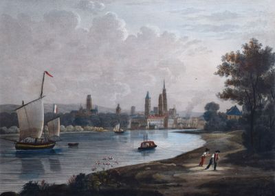 tableau représentant une vue sur une rivière avec des bateaux et des personnages