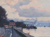 painting of a view of a river with a boat in the distance