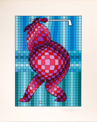 une image représentant un chat rouge et bleu sur un fond à carreaux
