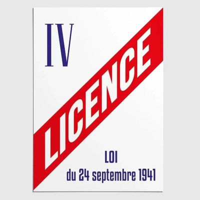 une affiche blanche ornée d'une bande rouge et bleue