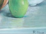 a painting of two apples and a bowl on a table