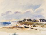 une image d'une peinture représentant une scène de plage avec un bateau dans l'eau