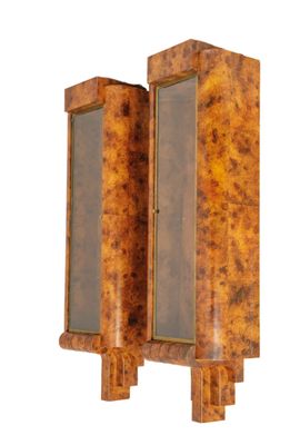 pair of art deco wall sconces in burlwood and brass