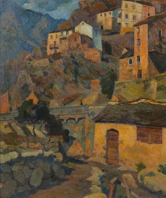 une image d'un tableau représentant un village sur une colline