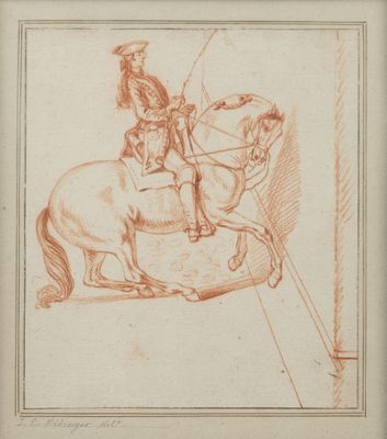 un vieux dessin représentant un homme à cheval, une épée à la main