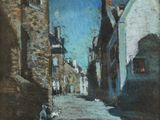 une peinture à l'huile représentant une scène de rue avec des bâtiments et une personne assise sur un banc