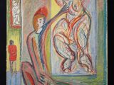 tableau représentant une femme et un enfant devant un tableau représentant un homme et une femme