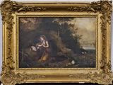 painting of a woman and child in a wooded landscape with a dog
