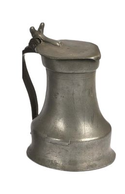 a silver pitcher with a handle on a white background