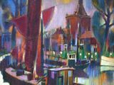 a painting of a boat on the water in a harbor