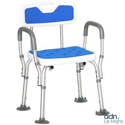une photo d'une chaise de douche bleue et blanche, avec des accoudoirs et des pieds