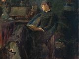 peinture d'une femme assise sur une chaise et lisant un livre