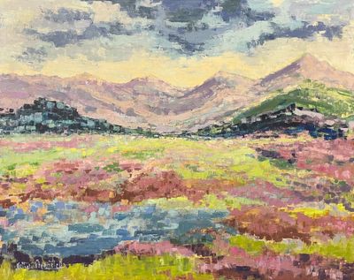 an oil painting of a field with mountains in the background