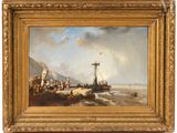 an oil painting of a boat on a body of water with people on it