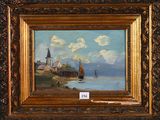 un tableau représentant une scène de plage avec des bateaux et un phare