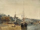 a painting of a boat on the water with people on it