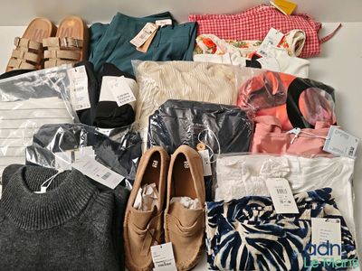 several pairs of shoes, sweaters, sweaters, sweaters, and other clothing are arranged on a shelf