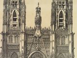 a drawing of a large cathedral with a clock on it