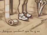 a drawing of a person standing next to a toilet paper roll