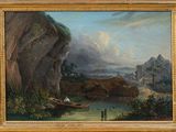 an image of a painting of a man in a boat on a river