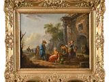 a painting of a group of people in a landscape with a dog