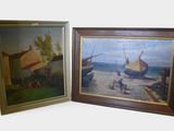 two framed paintings of boats on a beach and a boat on the water