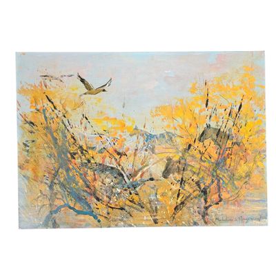 une peinture à l'huile représentant un oiseau survolant un champ de fleurs jaunes