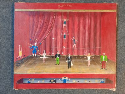 tableau représentant une scène de cirque avec des artistes se produisant sur scène