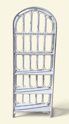 an image of a white book shelf with a glass top