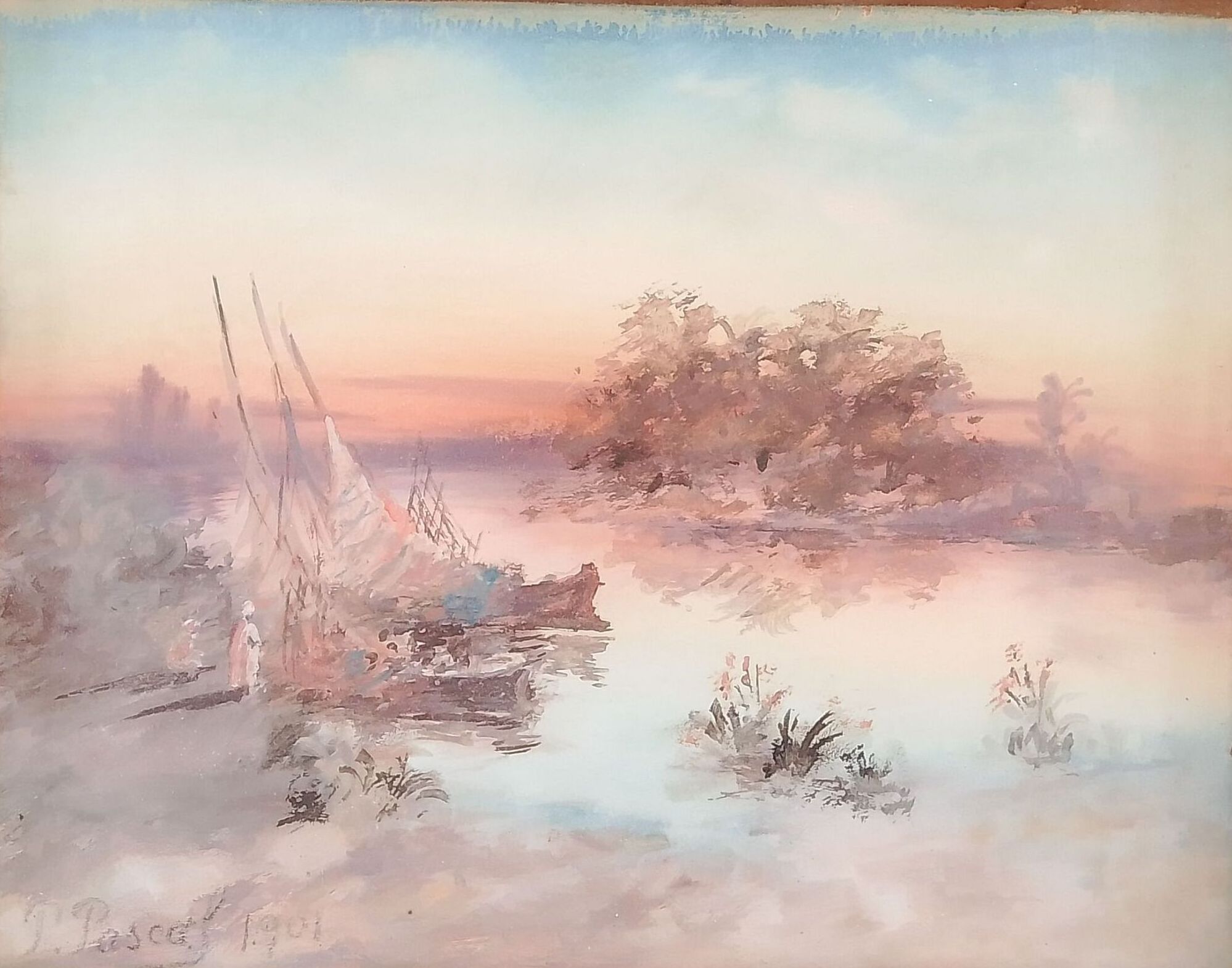 Paul PASCAL Pastel 1901 Felouques en bord de fleuve - Œuvre d'art