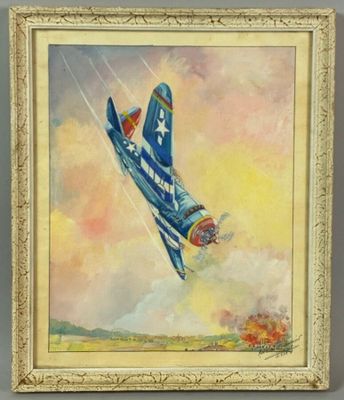 an oil painting of a blue and white plane flying through the sky