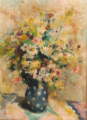 une peinture à l'huile représentant un vase de fleurs sur une table