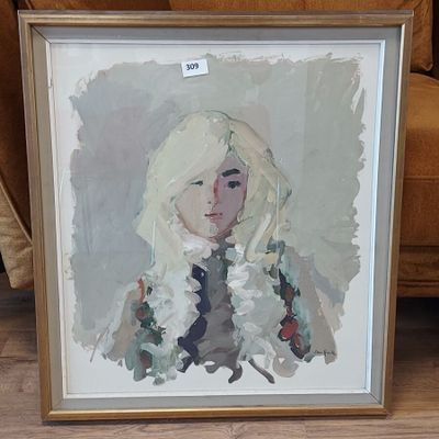 painting of a woman with blonde hair in a gold frame on a wooden floor