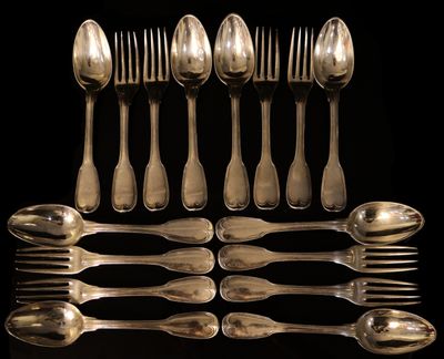 a lot of silver spoons and forks arranged in a row