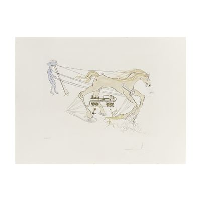 une image représentant un dessin d'un cheval tirant une charrette sur laquelle se trouve un homme