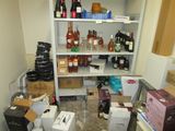 many bottles and boxes on the shelves in the room