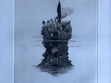 une photo en noir et blanc d'un château au bord de l'eau